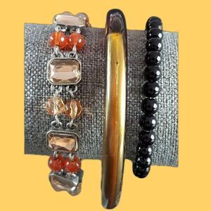 Eclectic Vintage Bracelet Lot of 3 Buffalo Horn Bangle, Black Beaded, Avon Glass